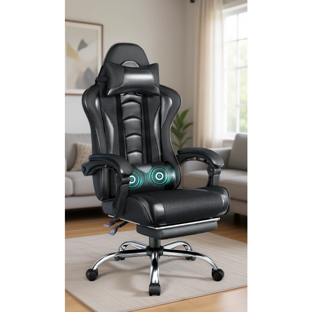 Massage - Comfortabele PU-lederen gamingstoel met voetsteun, massage-lendenkussen