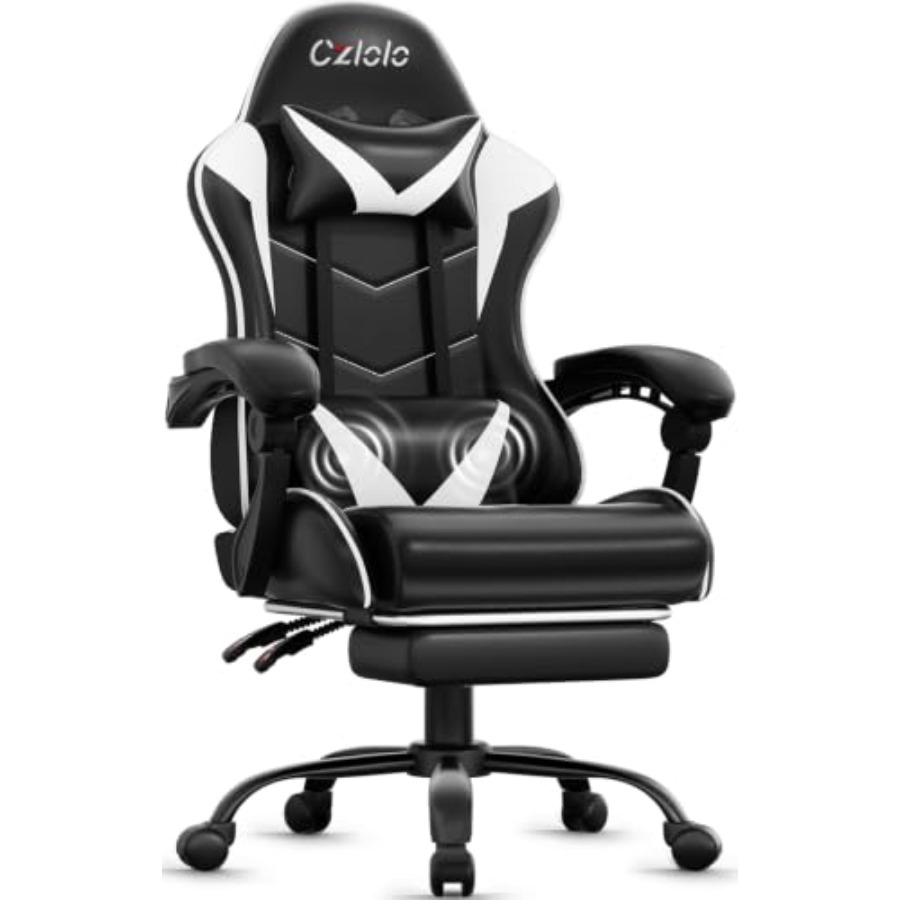 Massage - Gamingstoel met voetensteun, racestijl, zwart PU-leer,